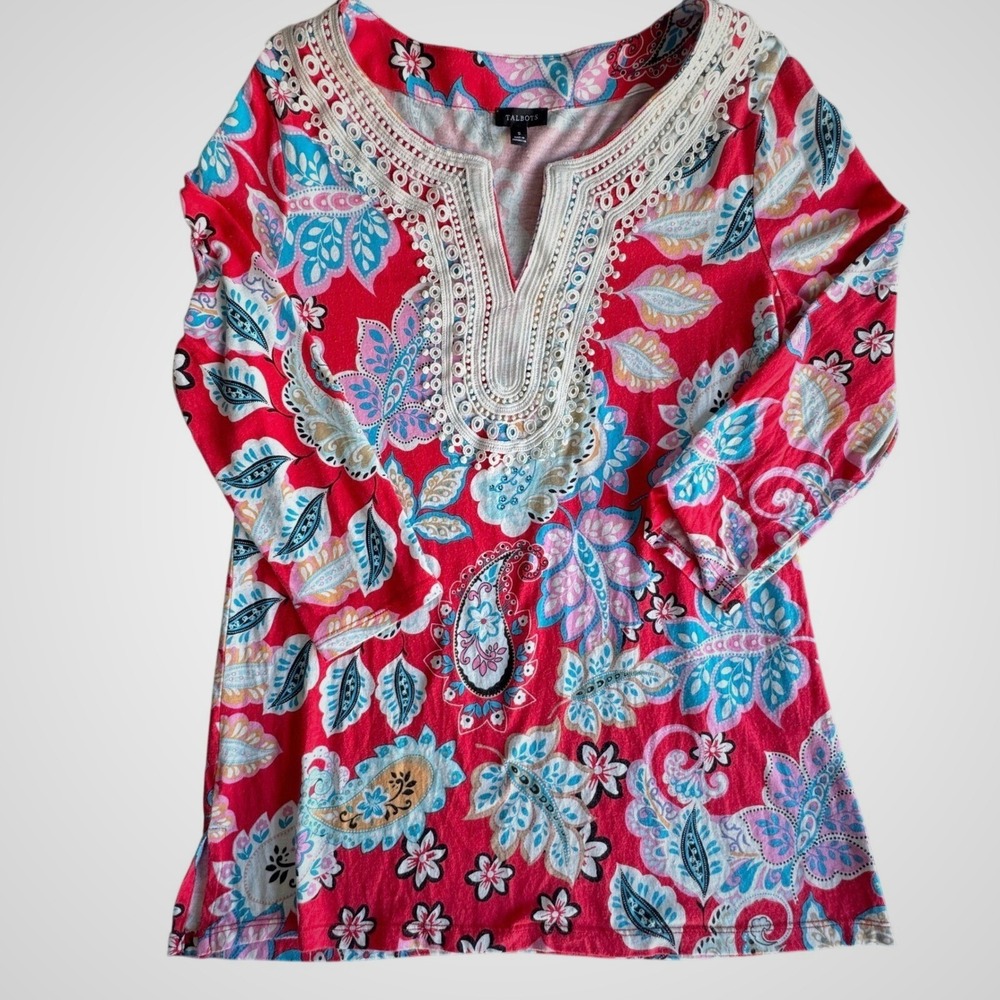 Talbots Paisley Floral Tunic Top Red Blue Crochet Split Neck Pima Cotton Small